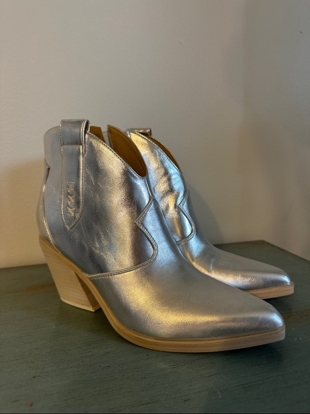 Nine West Silver Metallic Ankle Booties with Block Heel